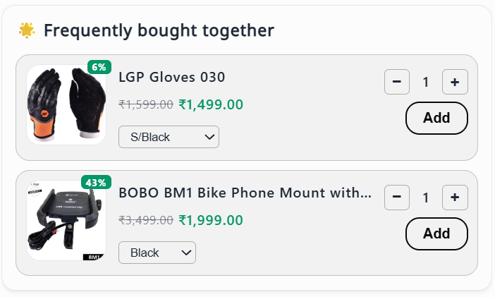 BOB's Frequently bought together widget on HelmetAdda — riding gloves and a bike phone mount with variant pickers, quantity steppers and one-tap Add